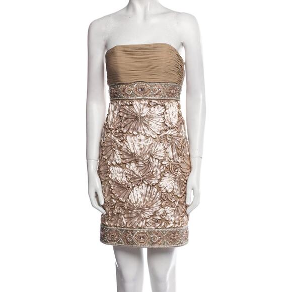 SUE WONG Strapless Dress Womens Sz 2 Cream Tan Soutache Beaded Cocktail Holiday - Picture 8 of 8